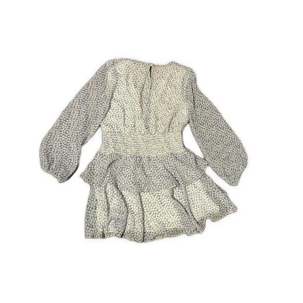 bardot junior girls blue white daisy floral long sleeve v neck ruffle mini dress